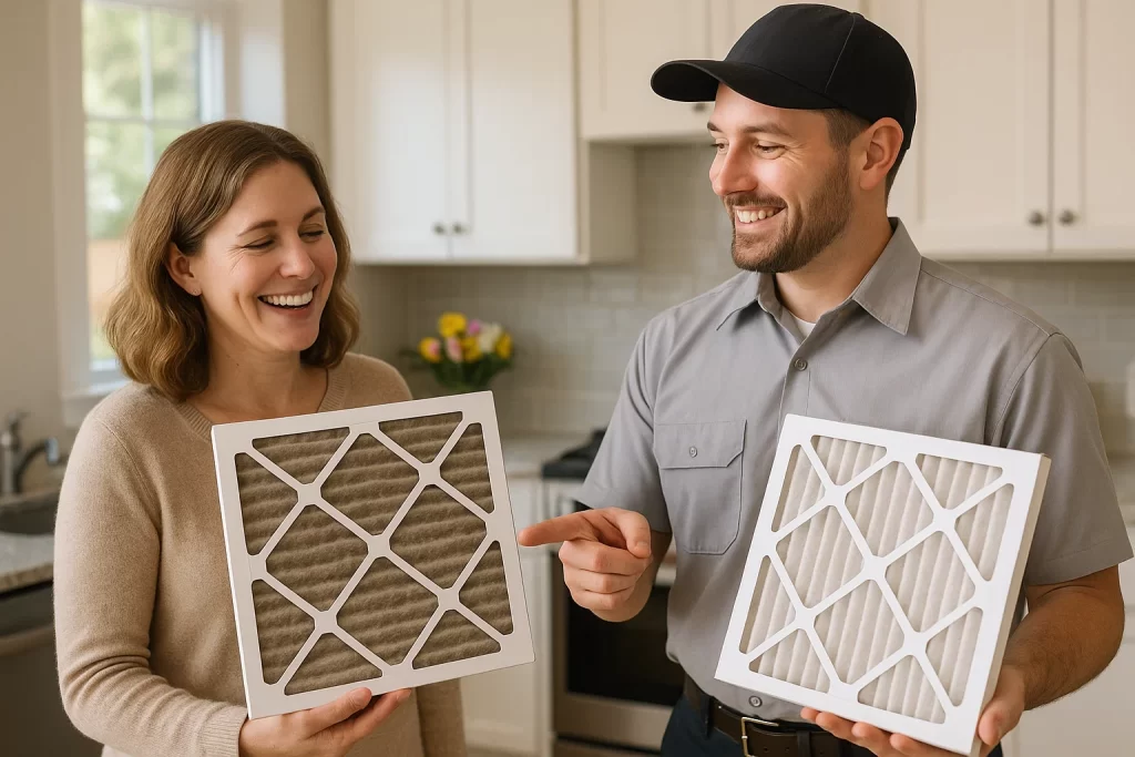 Homeowner in Skagit County reviewing old air purifier filter with technician