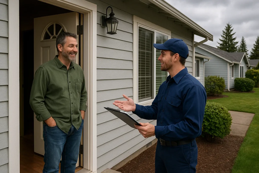 Homeowner and HVAC tech discuss service options at a cozy Arlington WA home