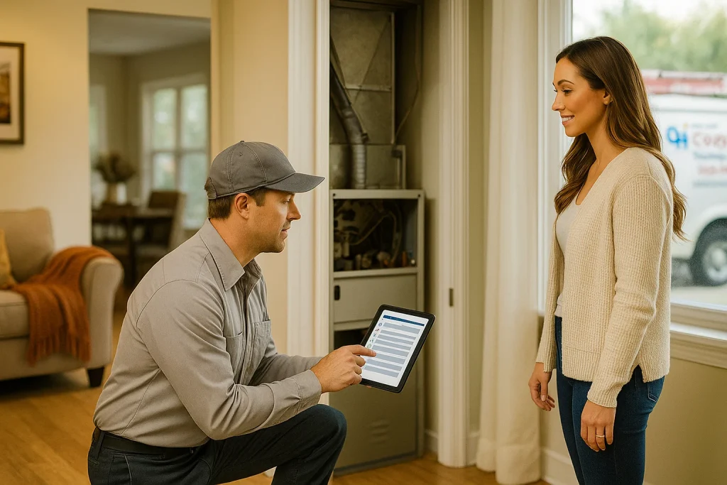 Homeowner and HVAC technician review furnace maintenance checklist in Kirkland living room