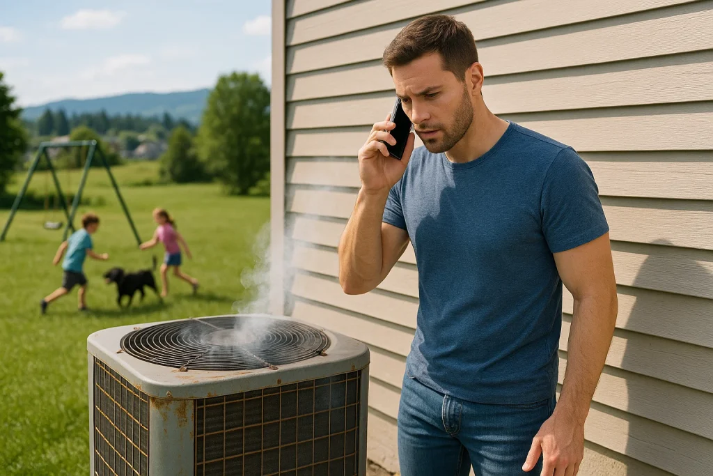 An image of a homeowner on the side of his house on the phone, calling an HVAC repairman as his air-conditioning unit smokes.