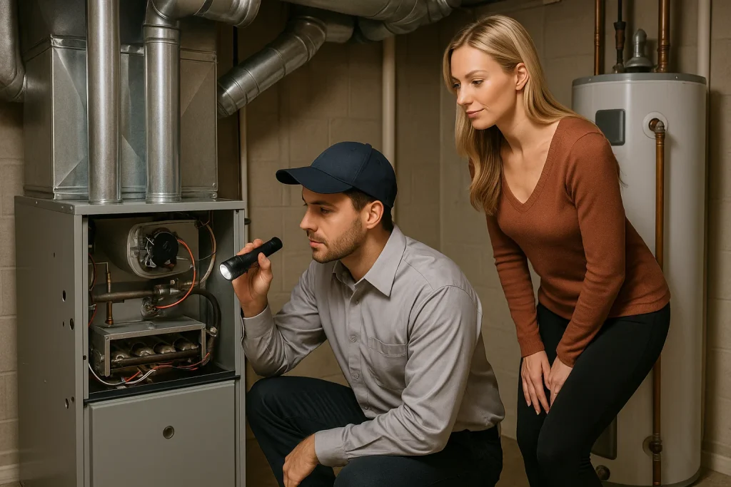Technician inspecting furnace burners during October heating maintenance in Stanwood WA