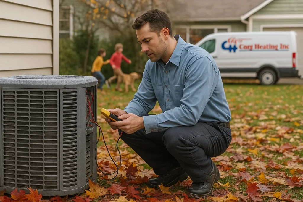 HVAC technician diagnoses heat pump issue outdoors in Everett during October