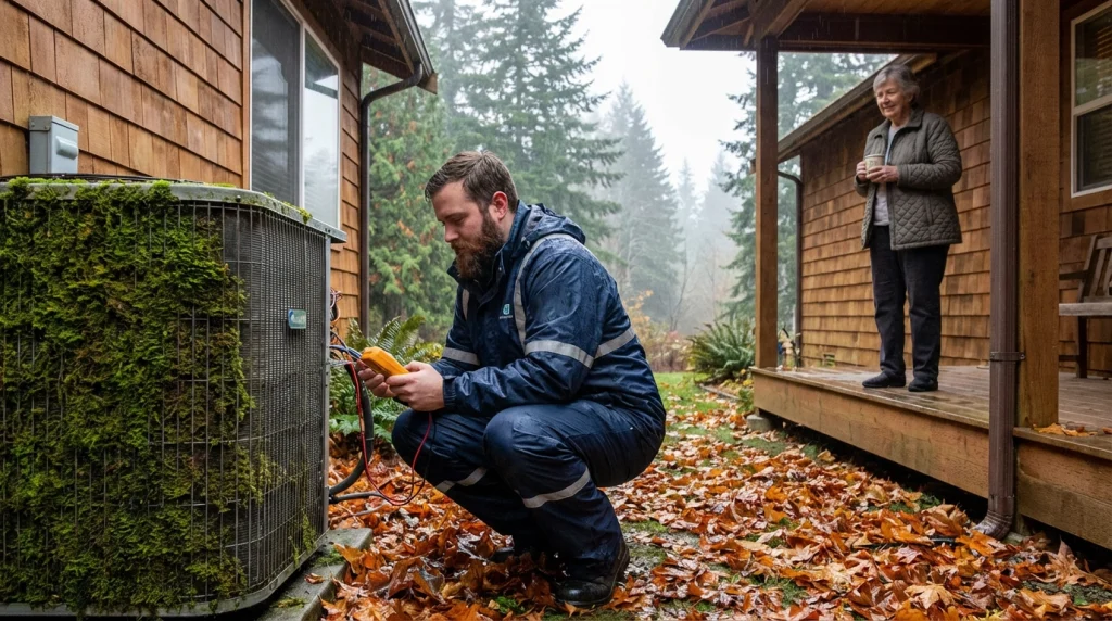 HVAC technician inspects an outdoor heat pump on a damp fall morning in Washington, ensuring smooth operation before winter.