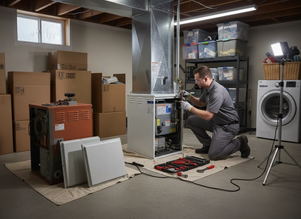 Technician installing high-efficiency furnace during winter replacement service