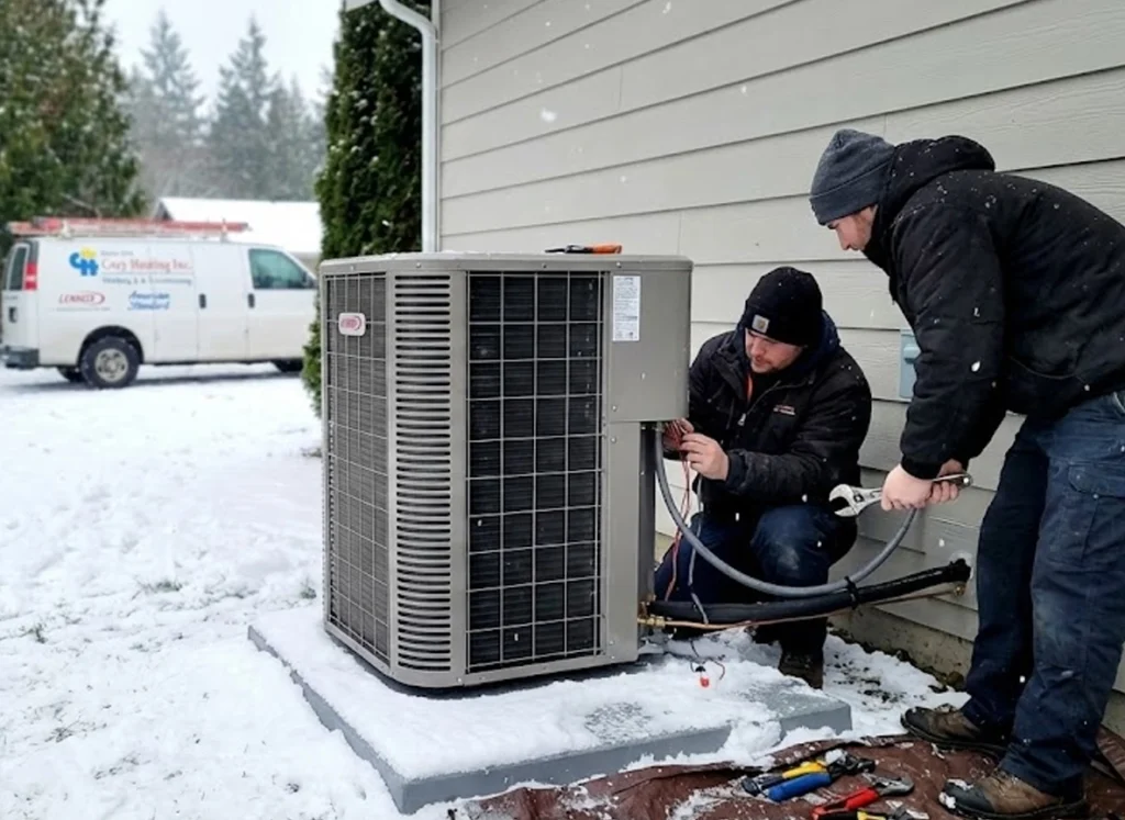New HVAC system installed outside snowy Stanwood home