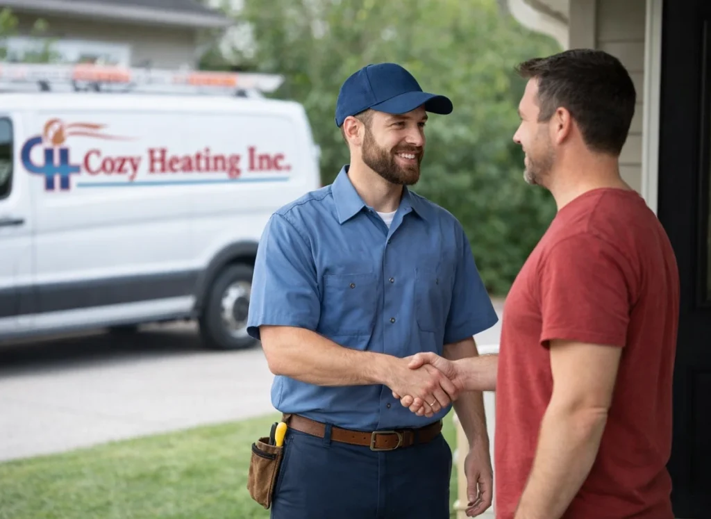A homeowner and a Cozy HVAC tech shaking hands on the front porch.