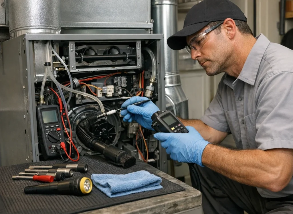 technician performing end of winter tune up with safety and airflow testing in Stanwood WA