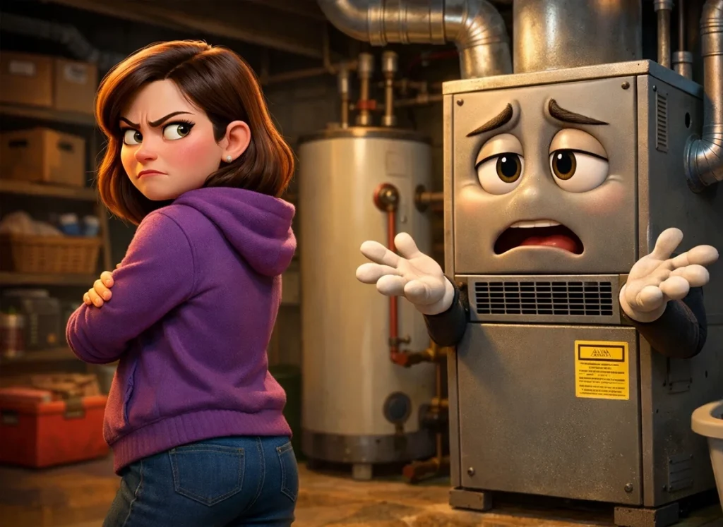 Cartoon style image of a homeowner breaking up with her furnace who was reacting like what did I do?