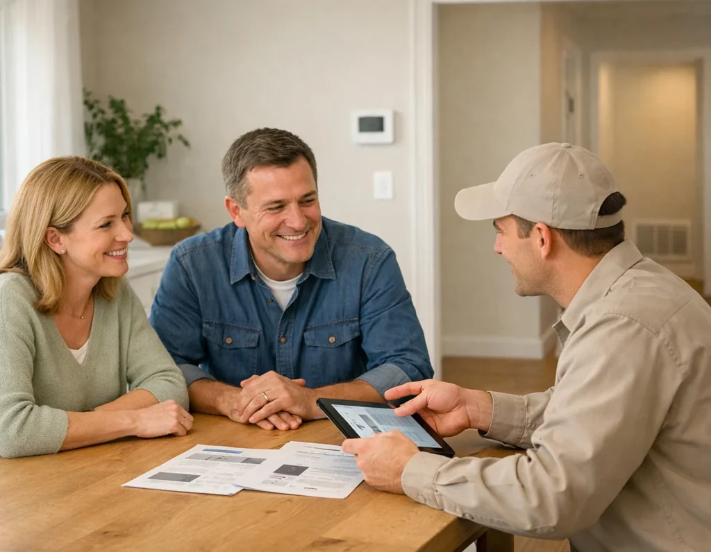 HVAC technician explaining maintenance membership to homeowners in Everett