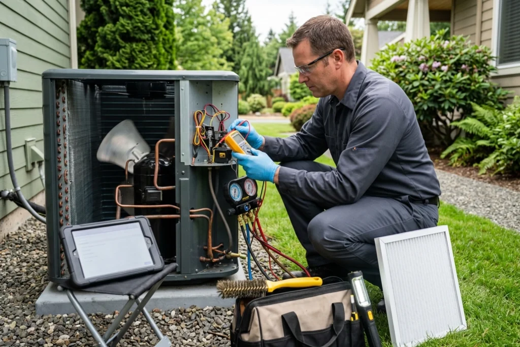 HVAC technician performing membership preventive maintenance visit