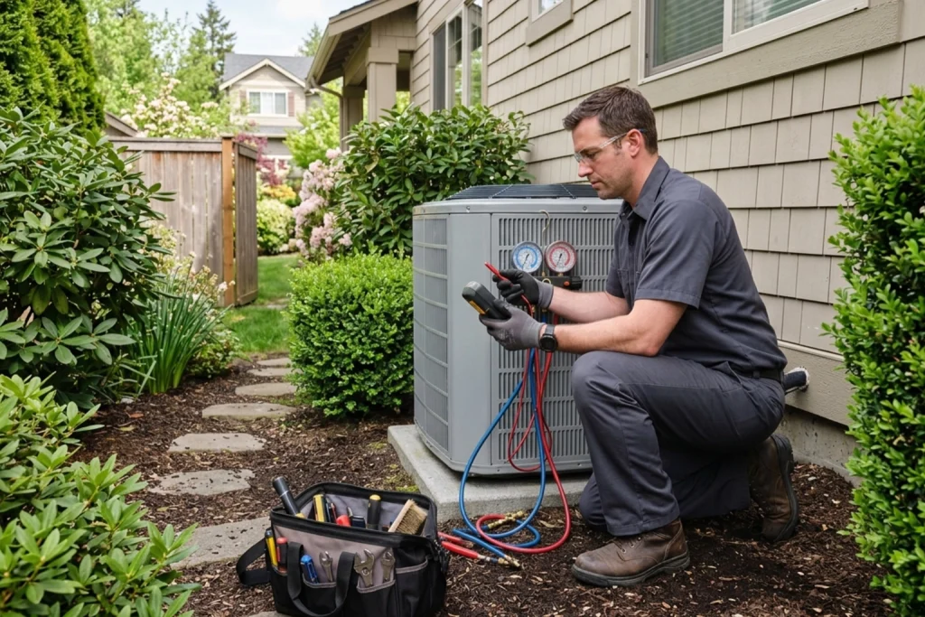 HVAC technician performing spring AC maintenance