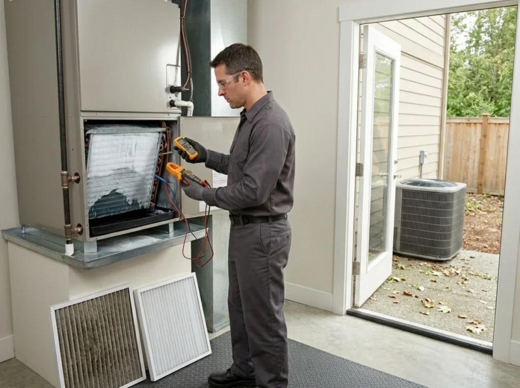 HVAC technician diagnosing frozen coils and poor airflow in Stanwood Washington