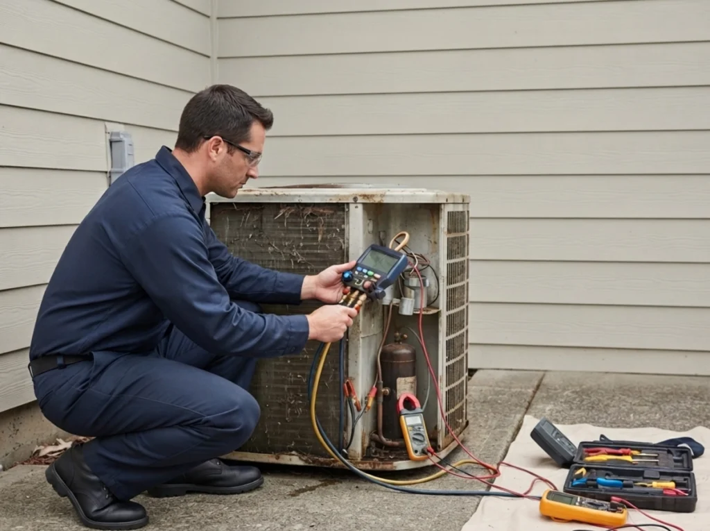 HVAC technician assessing an older AC for proper system replacement