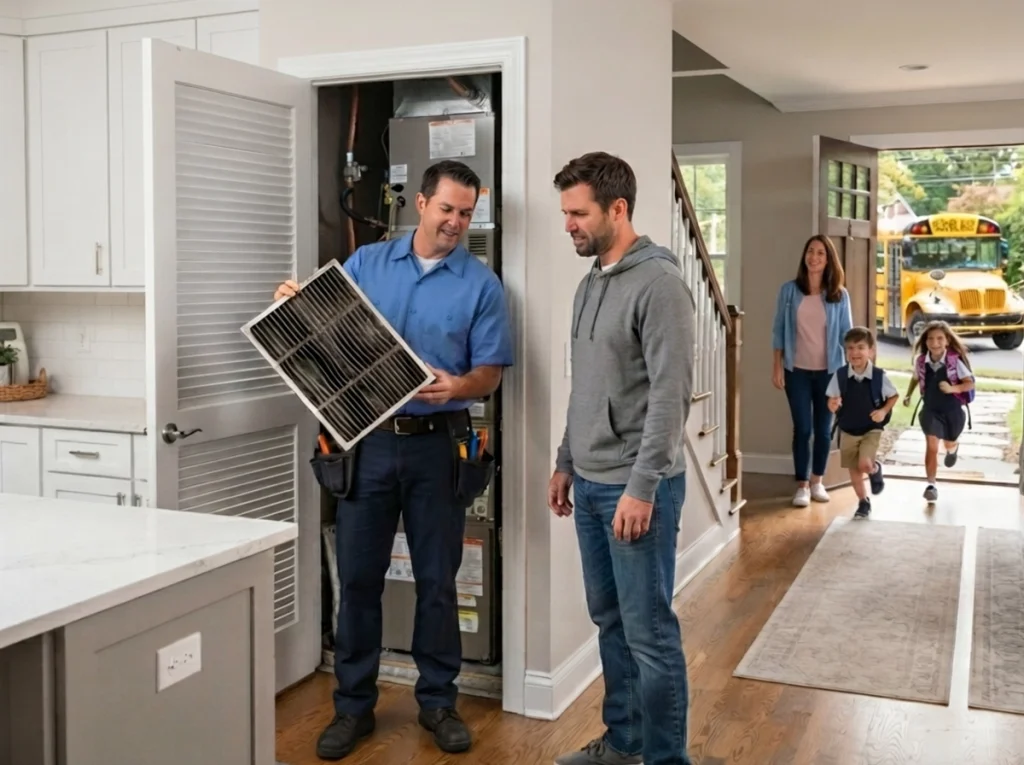 An HVAC technician changing an AC filter. All of the homeowner looks on.