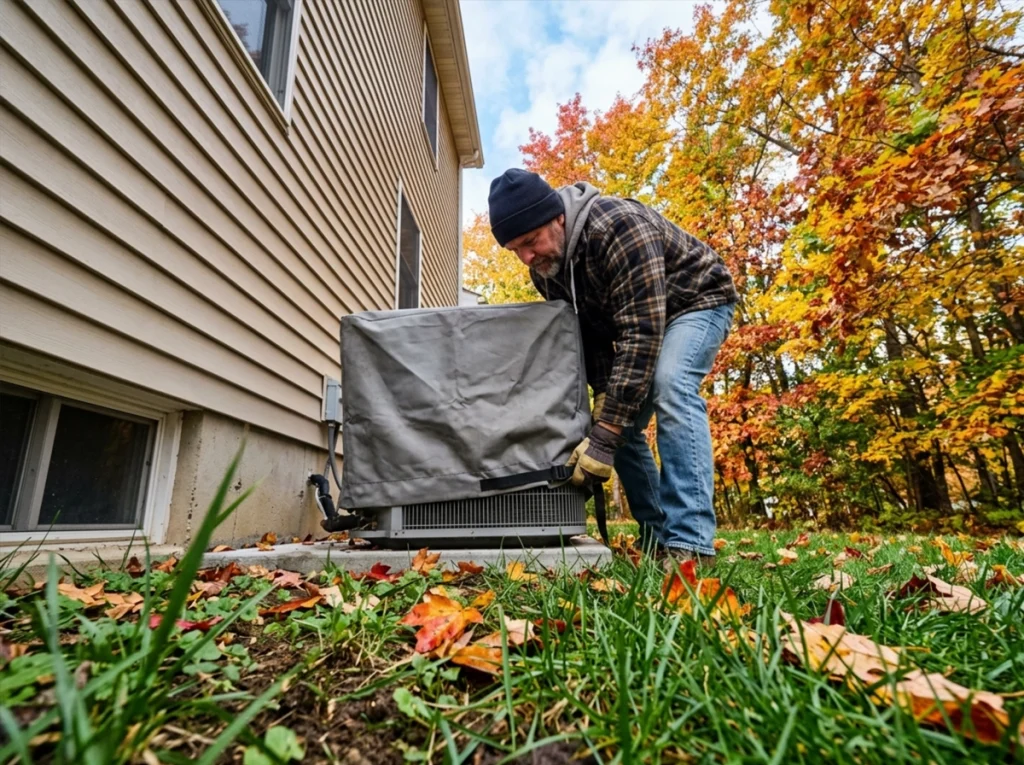 A homeowner covering his AC unit for winter.