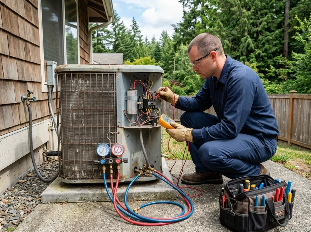 HVAC technician diagnosing an aging air conditioner in Arlington Washington